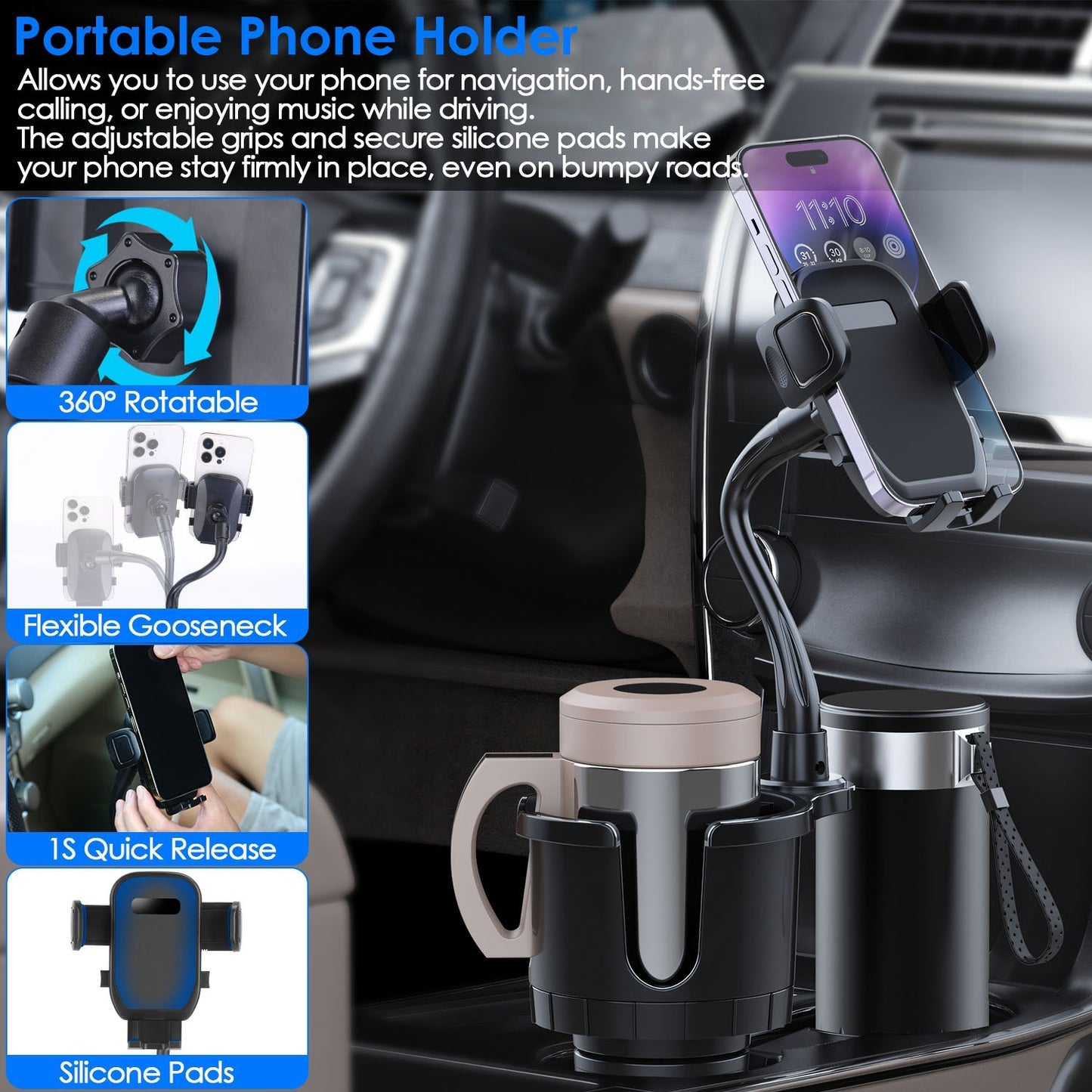 Soporte para teléfono 2 en 1 para coche, soporte para bebidas con cuello de cisne giratorio de 360 grados, base ajustable, apto para la mayoría de teléfonos, vasos y vehículos.