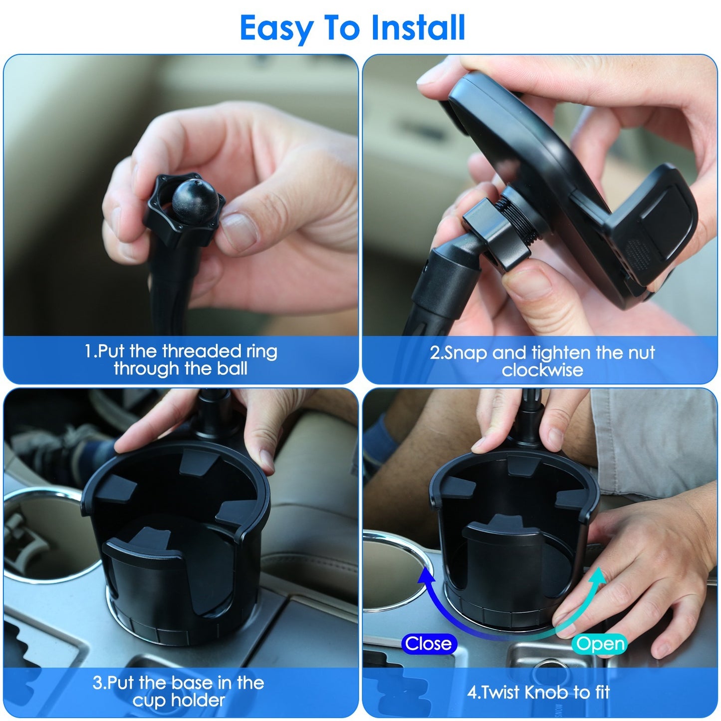 Soporte para teléfono 2 en 1 para coche, soporte para bebidas con cuello de cisne giratorio de 360 grados, base ajustable, apto para la mayoría de teléfonos, vasos y vehículos.