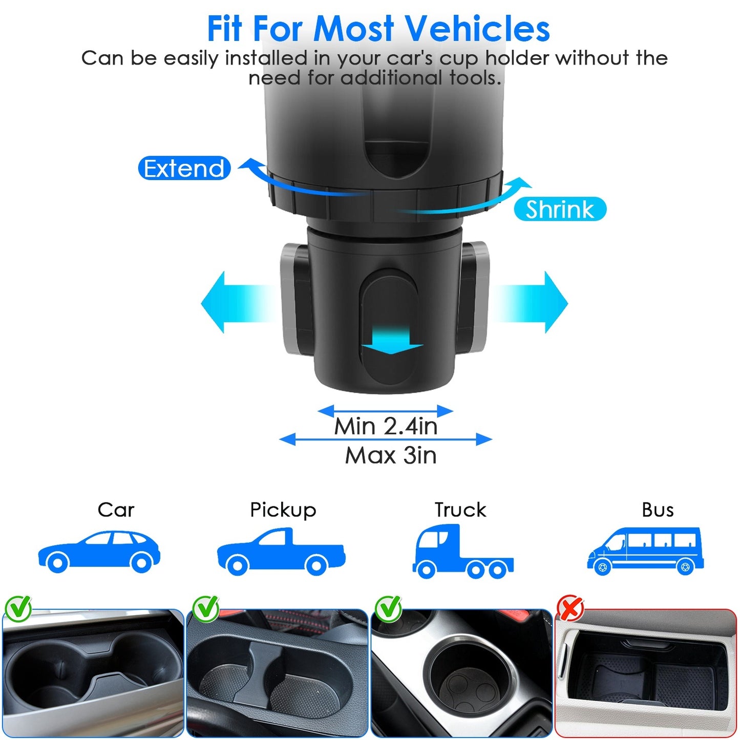 Soporte para teléfono 2 en 1 para coche, soporte para bebidas con cuello de cisne giratorio de 360 grados, base ajustable, apto para la mayoría de teléfonos, vasos y vehículos.