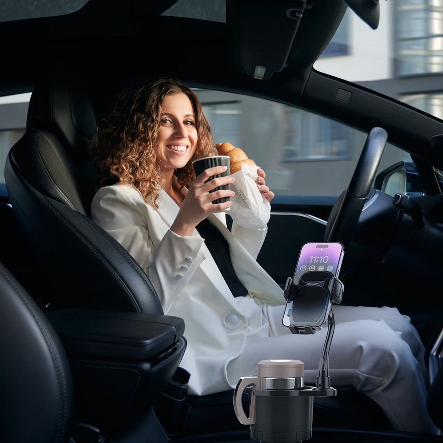 Soporte para teléfono 2 en 1 para coche, soporte para bebidas con cuello de cisne giratorio de 360 grados, base ajustable, apto para la mayoría de teléfonos, vasos y vehículos.