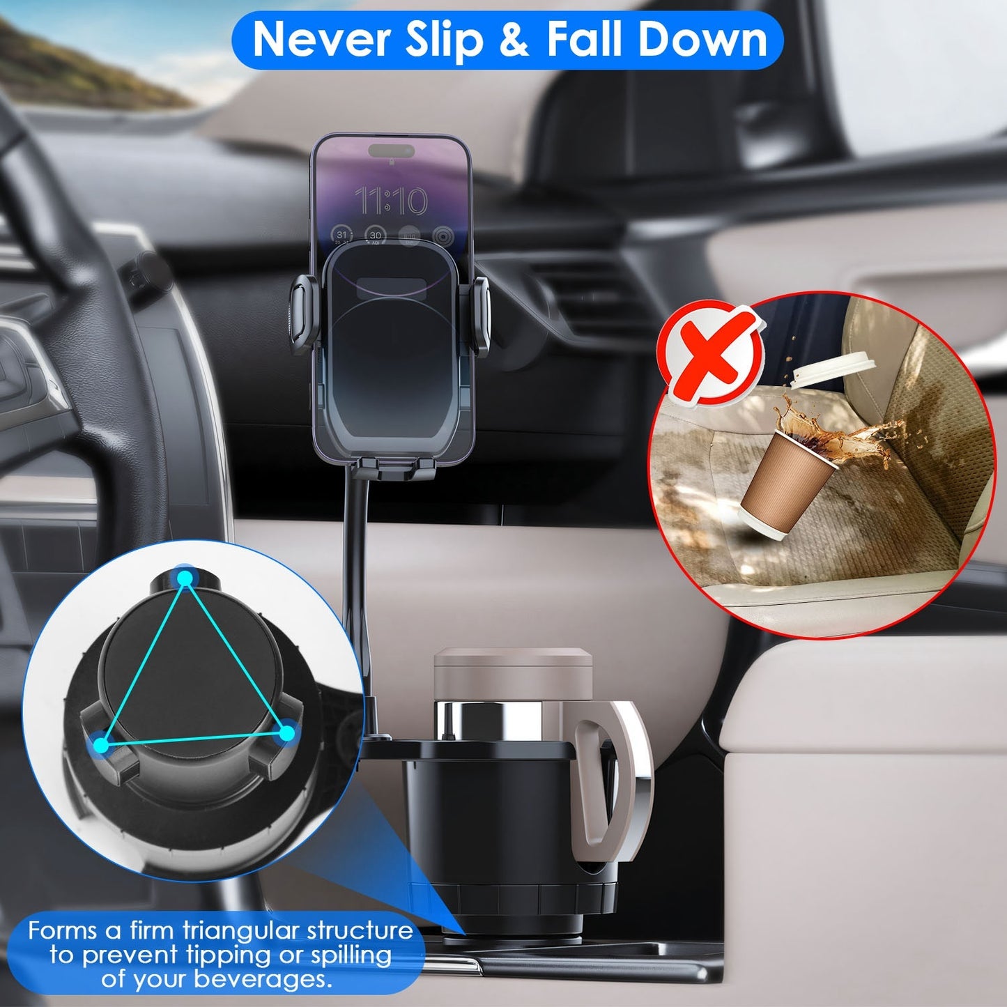 Soporte para teléfono 2 en 1 para coche, soporte para bebidas con cuello de cisne giratorio de 360 grados, base ajustable, apto para la mayoría de teléfonos, vasos y vehículos.