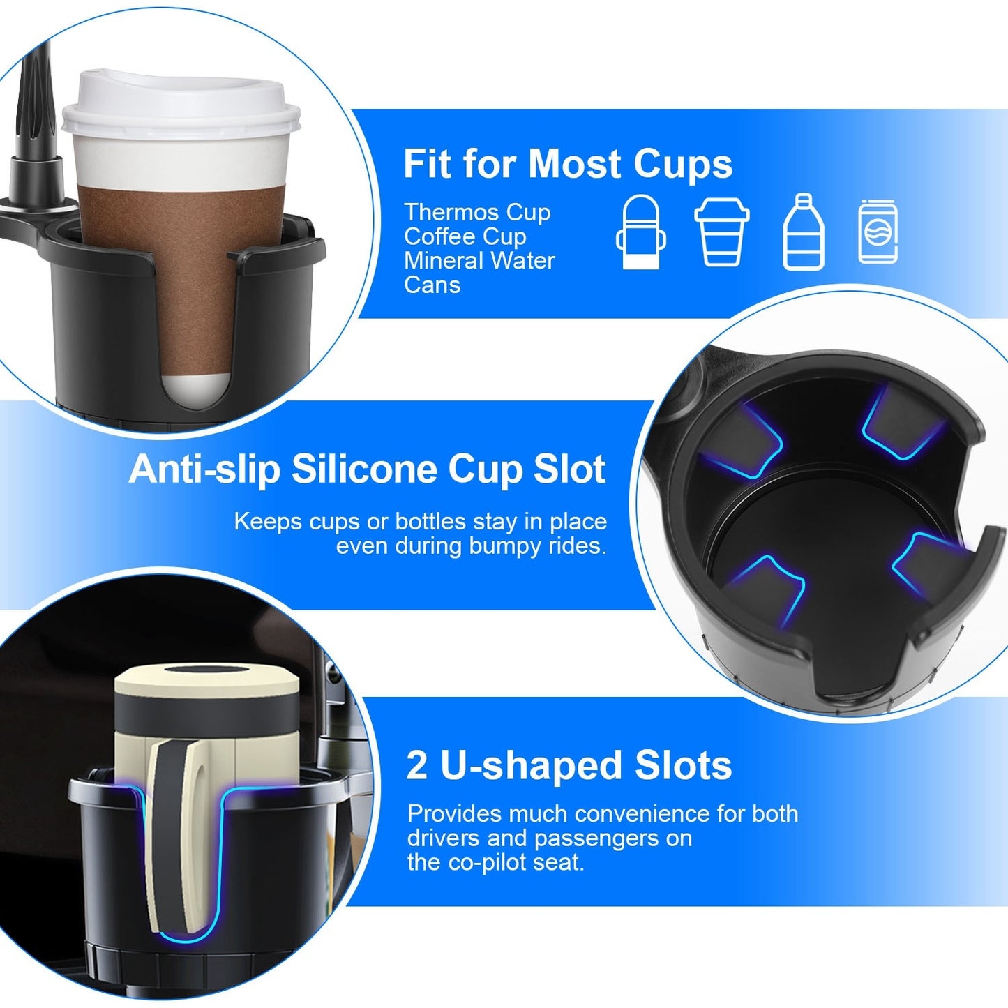 Soporte para teléfono 2 en 1 para coche, soporte para bebidas con cuello de cisne giratorio de 360 grados, base ajustable, apto para la mayoría de teléfonos, vasos y vehículos.