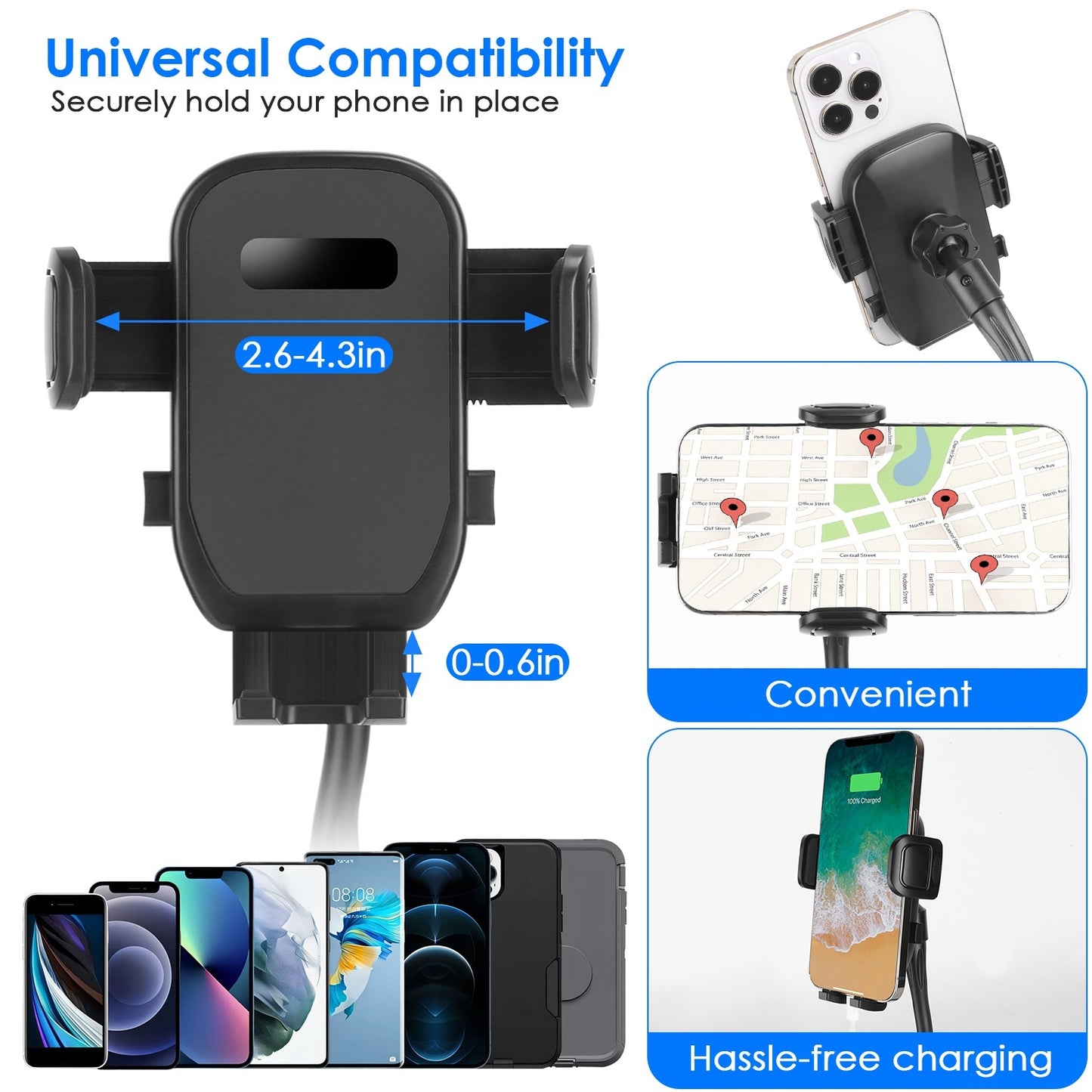 Soporte para teléfono 2 en 1 para coche, soporte para bebidas con cuello de cisne giratorio de 360 grados, base ajustable, apto para la mayoría de teléfonos, vasos y vehículos.