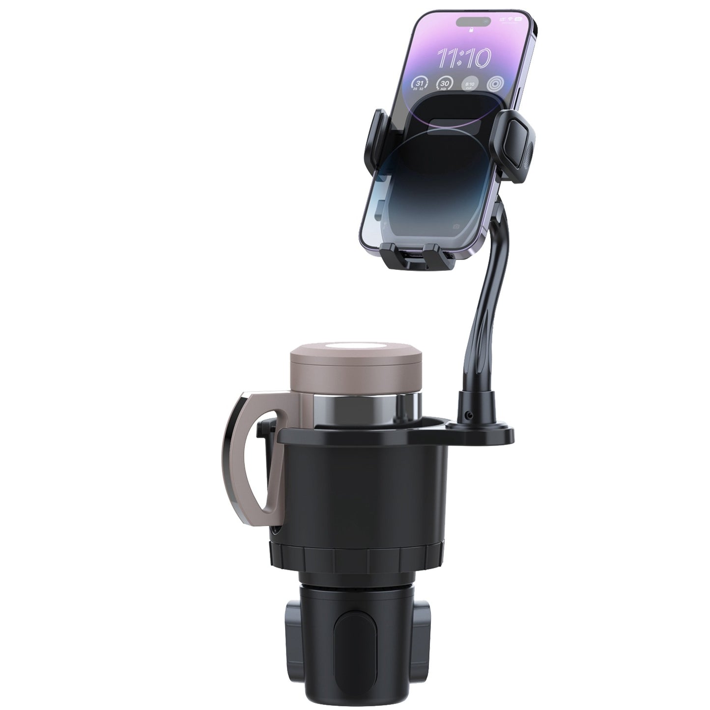 Soporte para teléfono 2 en 1 para coche, soporte para bebidas con cuello de cisne giratorio de 360 grados, base ajustable, apto para la mayoría de teléfonos, vasos y vehículos.