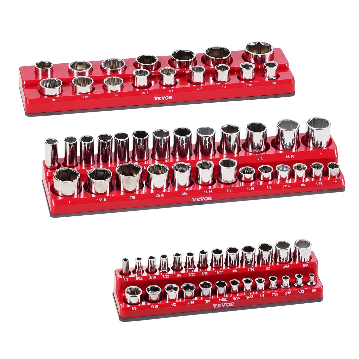 Magnetic Socket Organizer Set 3PCS Magnetic Socket Trays Red For SAE