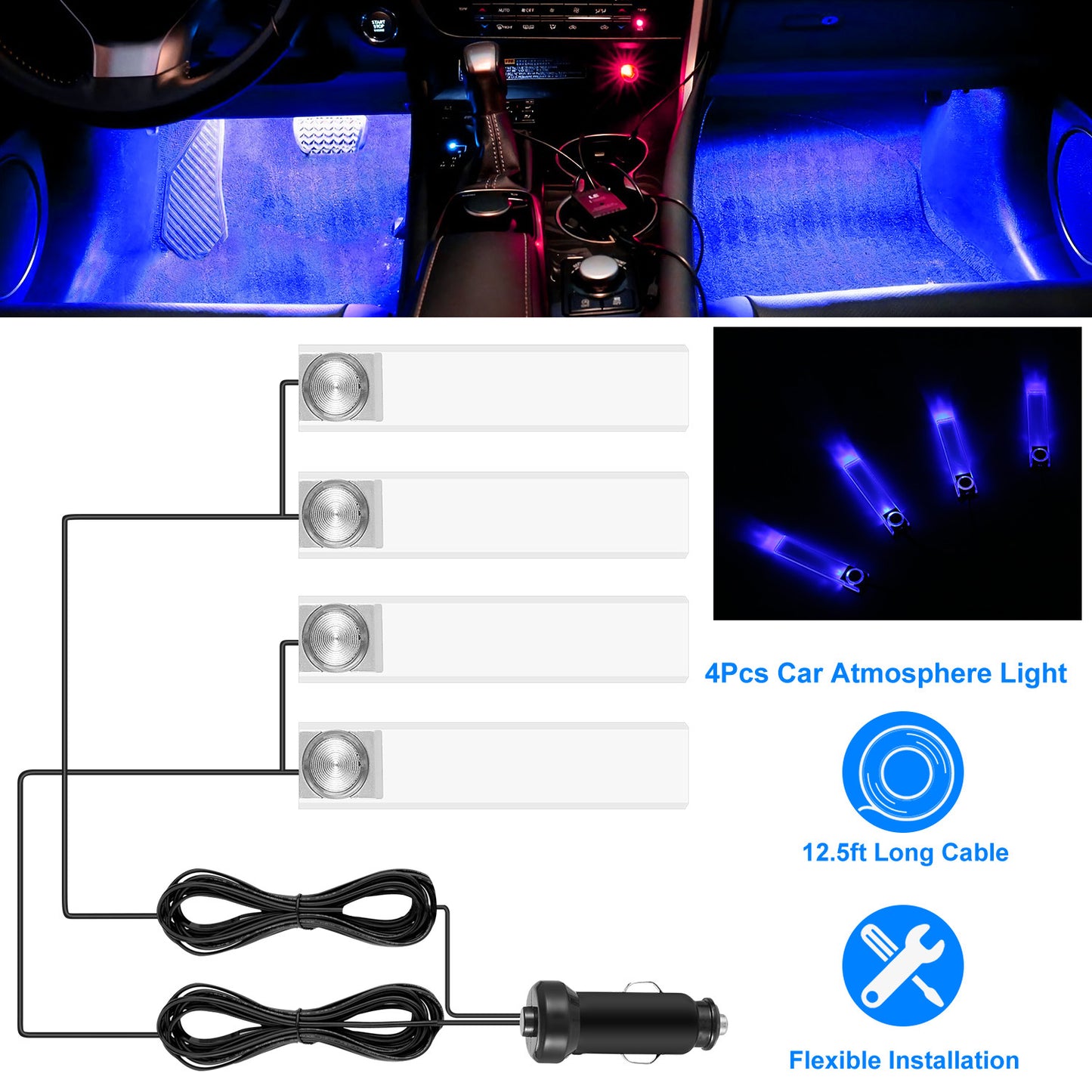 4Pcs Car Interior LED Atmosphere Light Car Charge Decorative Lamp DC 12V Blue Light