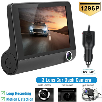1296P Car DVR Dash Camera 4In 3 Lens Vehicle Driving Recorder Seamless Recording
