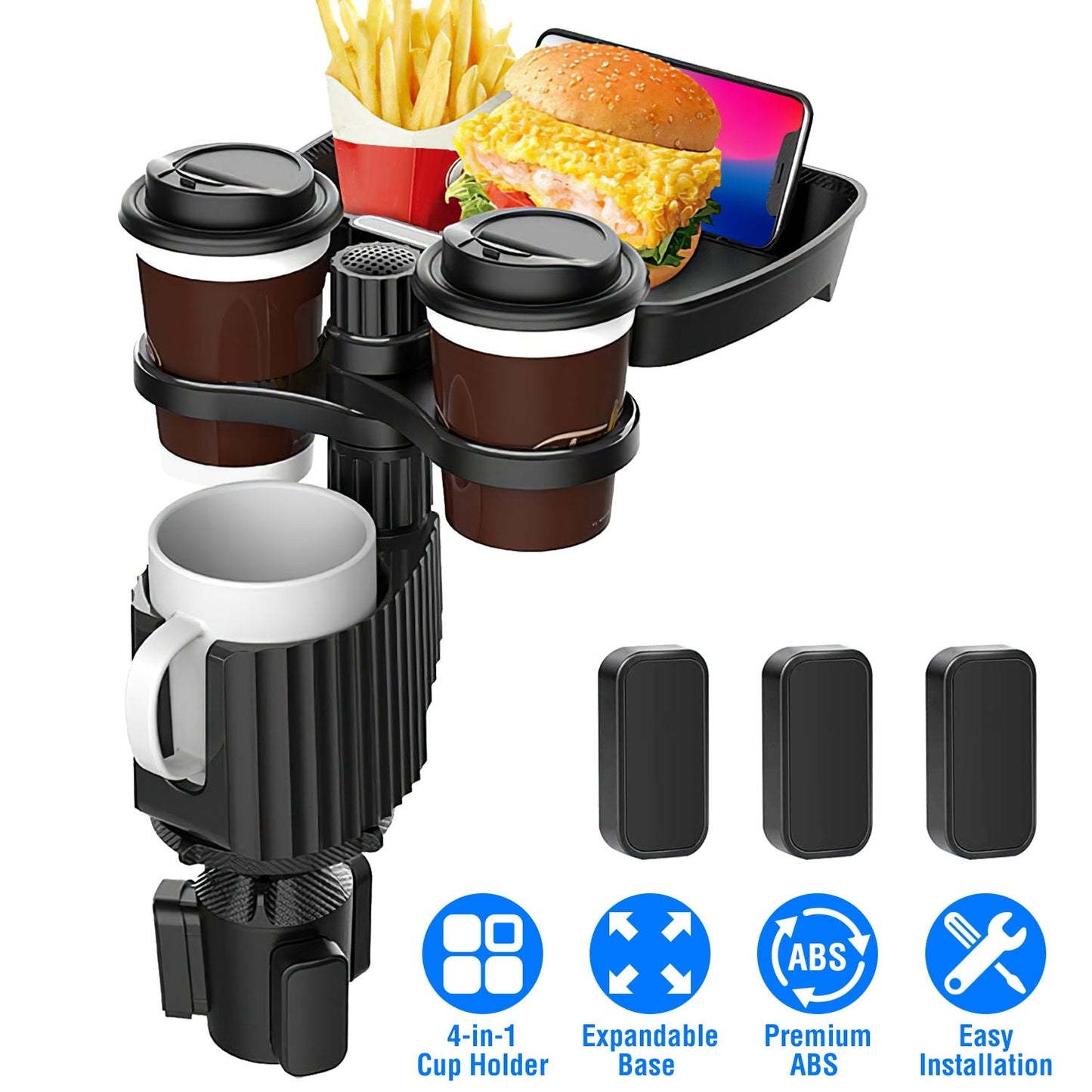 4-in-1 Car Cup Holder Tray FoodTable Phone Hold Car Expander Detachable 360 Degree Rotatable Expandable Base Car Desk