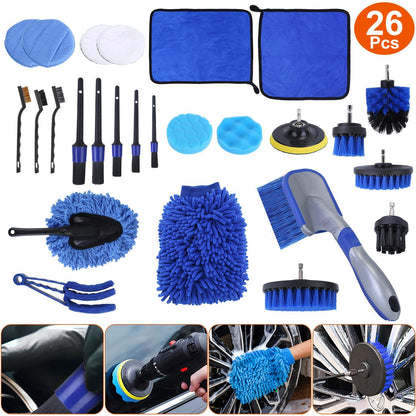 26Pcs Car Detailing Brush Kit Exterior Interior Car Cleaning Set Drill Brush Set Car Buffing Sponge Pads Kit For Cleaning Automobile Interior Exterior Wheels Dashboard