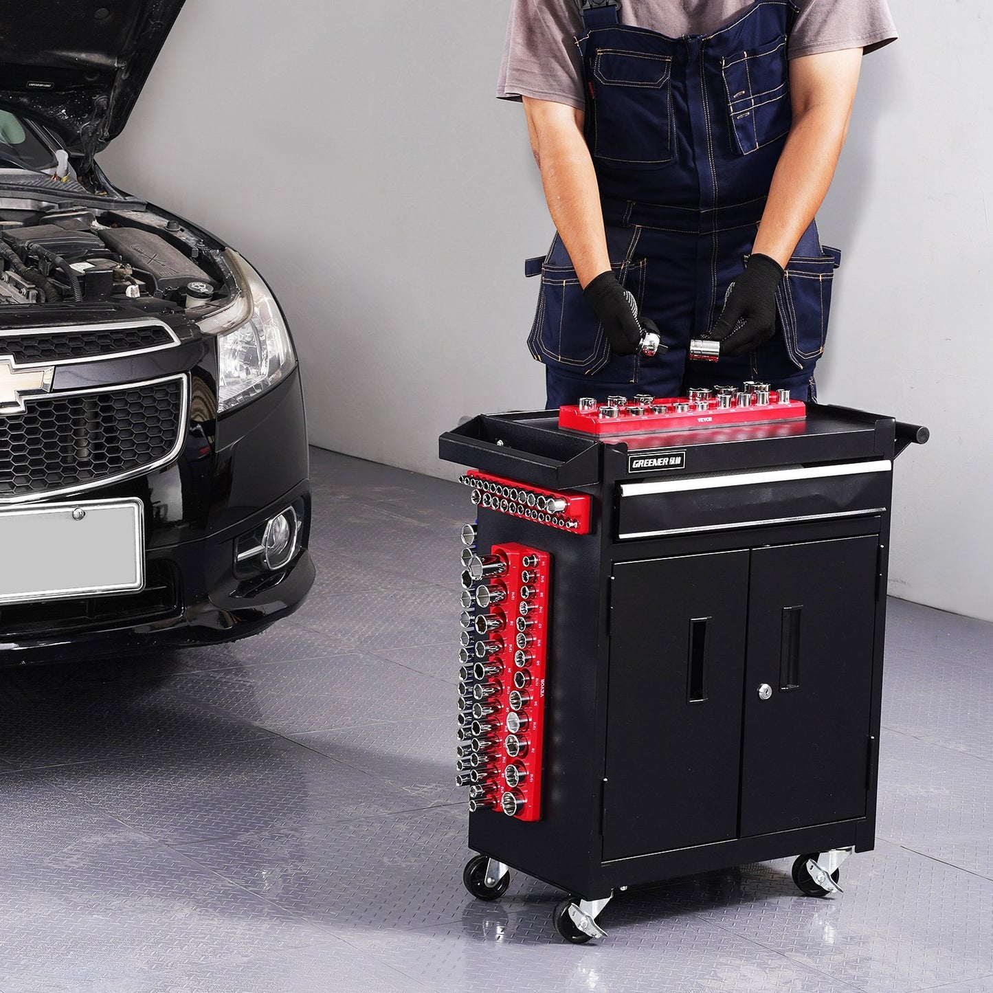 Magnetic Socket Organizer Set 3PCS Magnetic Socket Trays Red For SAE